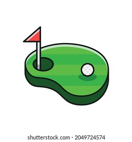 Golf course icon with striped grass, flag, putting hole ,golf ball in a minimal illustrative style
