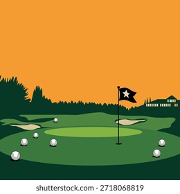 Golf Course Illustration with Flag, Balls, and Sunset Sky  
