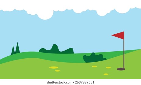 Golf Course Illustration with Flag and Hole Simple Flat Style. Sports activities outdoors and recreation vector a rt