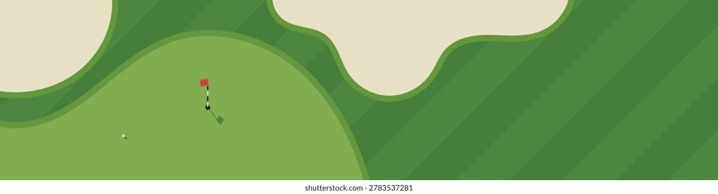 Golf course illustration. Flat style vector illustration of golf course with bunkers, putting green and flag. Golf course illustration with copy space for golfing poster, landing page, web banner.