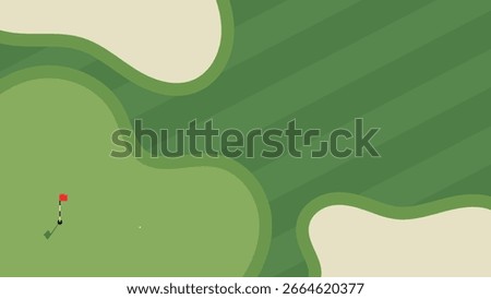 Golf course illustration. Flat style vector illustration of golf course with bunkers, putting green and flag. Golf course illustration for golfing poster, landing page, web banner.