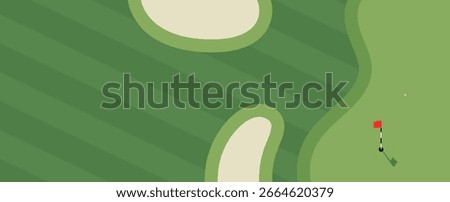 Golf course illustration. Flat style vector illustration of golf course with bunkers, putting green and flag. Golf course illustration for golfing poster, landing page, web banner.