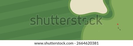 Golf course illustration. Flat style vector illustration of golf course with bunkers, putting green and flag. Golf course illustration for golfing poster, landing page, web banner.