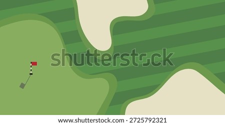 Golf course illustration viewed from above with green, fairway stripes, and sand bunkers. Minimal flat landscape showing hole flag and putting area. Sports background concept for golf tournaments, recreation, and design.