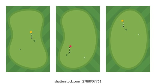 Golf course illustrations. Set of flat style vector illustration of golf course with putting green and flag. Golf course illustration for golfing poster, landing page, web banner.