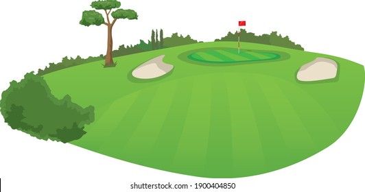 Golf course. Image illustration of the green seen from the fairway