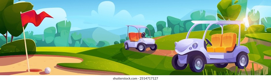 Paisaje del campo de golf con fondo de Vector de Carrito. Escena de campo de hierba con bandera roja y arena para jugar en el club. Césped de verano para la actividad del torneo. Campo de golf y diseño de fondo de coche para el Anuncio