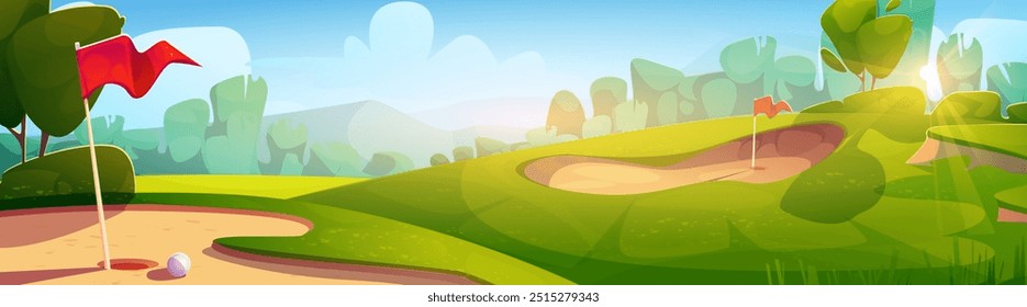 Golf course landscape with green grass on lawn, sand areas with hole, ball and red flag. Sunny summer day scene with outdoor sport field for tournament. Cartoon vector of countryside scenery.