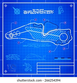 Golf Course Layout. Abstract Design Stylized Blueprint Technical Drawing. White Symbol On Blue Grid Background