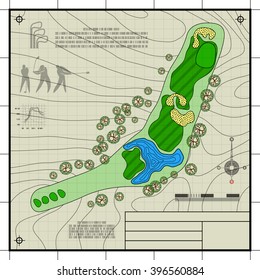 Golf Course Layout. Abstract Design Stylized Blueprint Technical Drawing Background