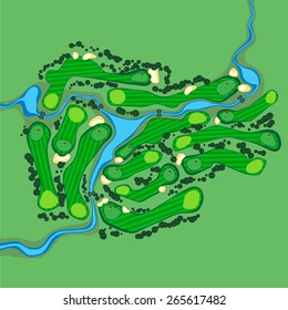 Golf Course Layout Map With Flags Trees Plants River And Bridges. Aerial View