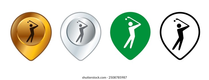 Campo de golf mapa de ubicación pin símbolo icono personas jugar golf aislado campeonato ubicación conjunto marcador de puntero de colección