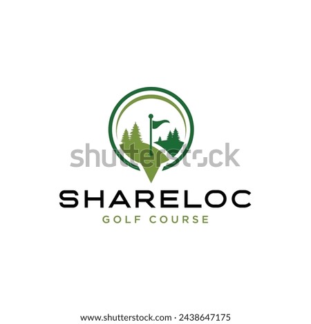 golf course logo with landscape view and location icon.