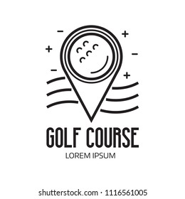 Golf course logo with pin. Golfing school or club logotype in line art. Driving range emblem.