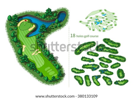 Golf course map 18 holes. Resort layout with flags trees plants water hazards. Vector map isometric illustration