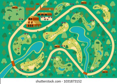 Golf course map 9 holes. Location of the resort with flags, trees and forest, water obstacles. Sport background. Vector map flat illustration.