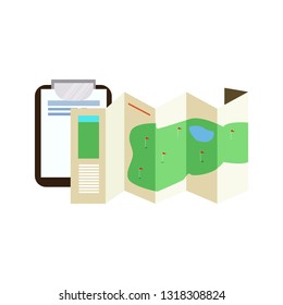 Golf course map and clipboard vector. Brochure, plan, golf tournament flyer. Golf concept. Vector illustration can be used for topics like sport, hobby, recreation