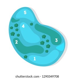 Golf course map. Plan of the golf championship field. View from above. Bush and grass on the map scheme. Vector flat illustration