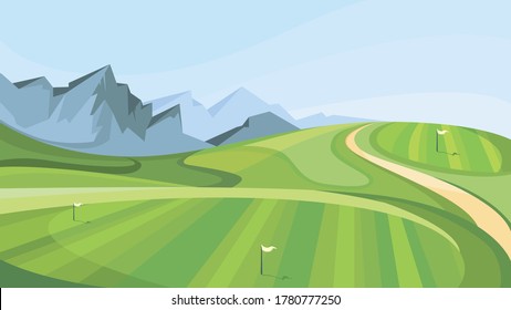 Golf course with mountains in the background. Illustration of outdoor sport.