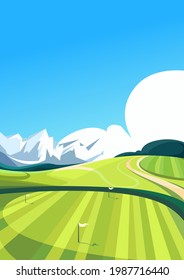 Golf course with mountains in the background. Outdoor sport location in vertical orientation.