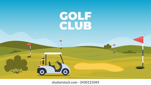 Golf course nature landscape, green grass, pole flag, hole for ball and trees under blue sky with bright sun shining. Place for tranquil recreational sport, Cartoon background, vector illustration