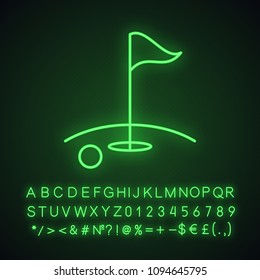 Golf course neon light icon. Golf ball, flagstick in hole. Glowing sign with alphabet, numbers and symbols. Vector isolated illustration