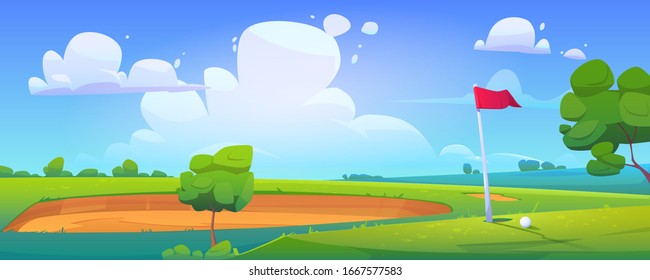 Golf Course On Nature Landscape With Ball Lying On Green Grass Near Pole Flag, Sand Bunker And Trees Around Under Blue Cloudy Sky. Tranquil Recreational Place Background. Cartoon Vector Illustration