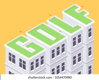 Golf course on the roof of the building. Isometric projection. Vector illustration