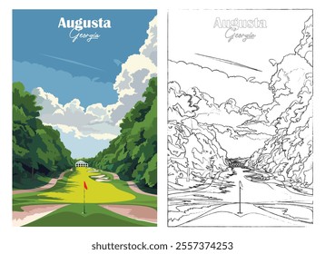 Golf Course Poster Art Prints - Augusta National Golf Club, Georgia, Vector illustration, Hand drawn