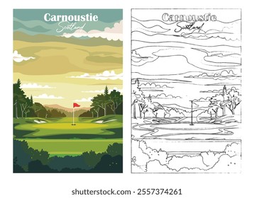 Golf Course Poster Art Prints - Carnoustie Golf Links, Scotland, Vector illustration, Hand drawn