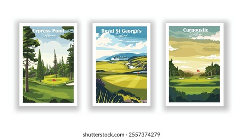 Golf Course Poster Art Prints - Cypress Point Club, California, The Royal St George's Golf Club, England, Carnoustie Golf Links, Scotland, Vector illustration, Hand drawn