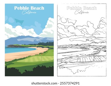 Golf Course Poster Art Prints - Pebble Beach Golf Links, California, Vector illustration, Hand drawn