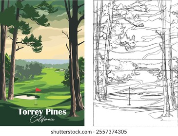 Golf Course Poster. Vector Illustration of Torrey Pines Golf Course, California with Club, Hole, and Landscape for Poster, Flyer, Invitation, Ticket, or Background