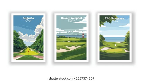 Golf Course Poster. Vector Illustration of TPC Sawgrass Golf Course, Florida, Augusta National Golf Club, Georgia, and Royal Liverpool Golf Club, Hoylake, England