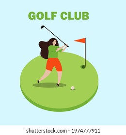 Golf course poster where people play golf. Banner with a place for the text. Fun outdoor sports. Golf Club. Vector flat illustration.