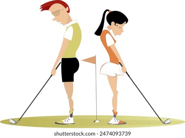 Campo de golf. Pelea entre jugadores. 
Joven molesto y mujer de pie de espaldas con las manos abajo en el campo de golf
