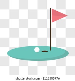 Golf course with red flag and golf ball
