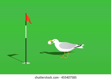 Golf course with red flag, hole and silver seagull carrying golf ball on green grass