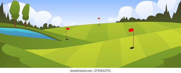 Campo de golfe com bandeiras vermelhas e buracos, verduras exuberantes, árvores e céu azul. Verão natureza paisagem de campo de golfe verde campo com montanha colina. Ilustração em plano vetorial