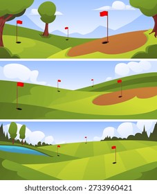 Golf course with red flags and holes, lush greens, trees and blue sky. Summer nature landscape of green golf field course with hill mountain, small lake. Vector flat illustrations set