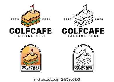 Golfplatz mit Sandwich, Ball, Loch und Fahne Emblem Logo Design für Golfer und Turnier. Golfclub Professional mit Sandwich, Ball, Loch, Fahne und Platz Zeichen Symbol Modernes Logo. 