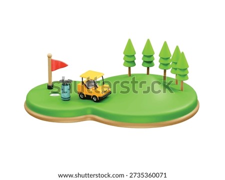 Golf Course Scene with Cart and Flag and golf car icon 3d rendering illustration