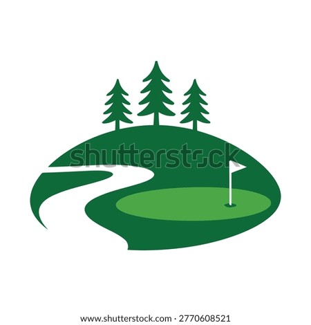 Golf course scene. Green fairway and putting green. Trees on hill. Flag marking hole. Outdoor sport.