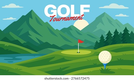 Golf course scene with mountains, lake, and ball on tee flat illustration for event. Golf ball on tee with alpine course background for banner. Golf tournament with mountains, lake and tee ball poster