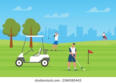 Golf Course Scene - People Playing Golf with Golf Cart and Cityscape 2d flat vector illustrations
