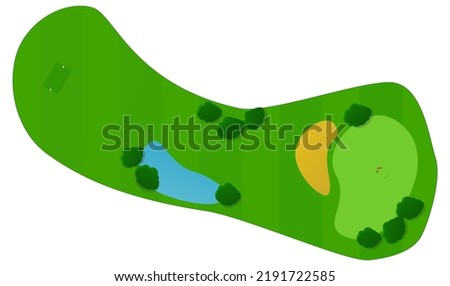 Golf course seen from above with its teeing ground, its fairway and its putting green (cut out)