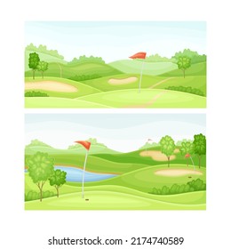 Golf course set. Green field, pond, sand bunker and red flags vector illustration
