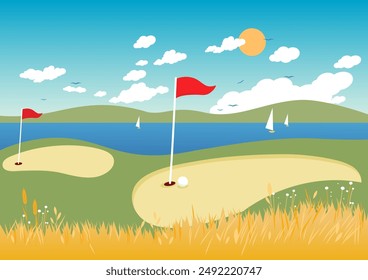 Golf course in a summer beach landscape background with wheat field. Lake or sea side golf course with flags. Vector illustration