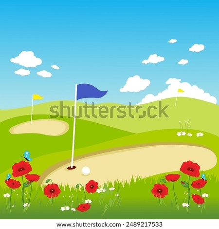 Golf course in a summer landscape background with poppy flowers. Countryside golf course with flags. Vector illustration