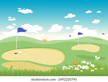 Golf course in a summer or spring landscape background with flowers. Countryside golf course with flags. Vector illustration